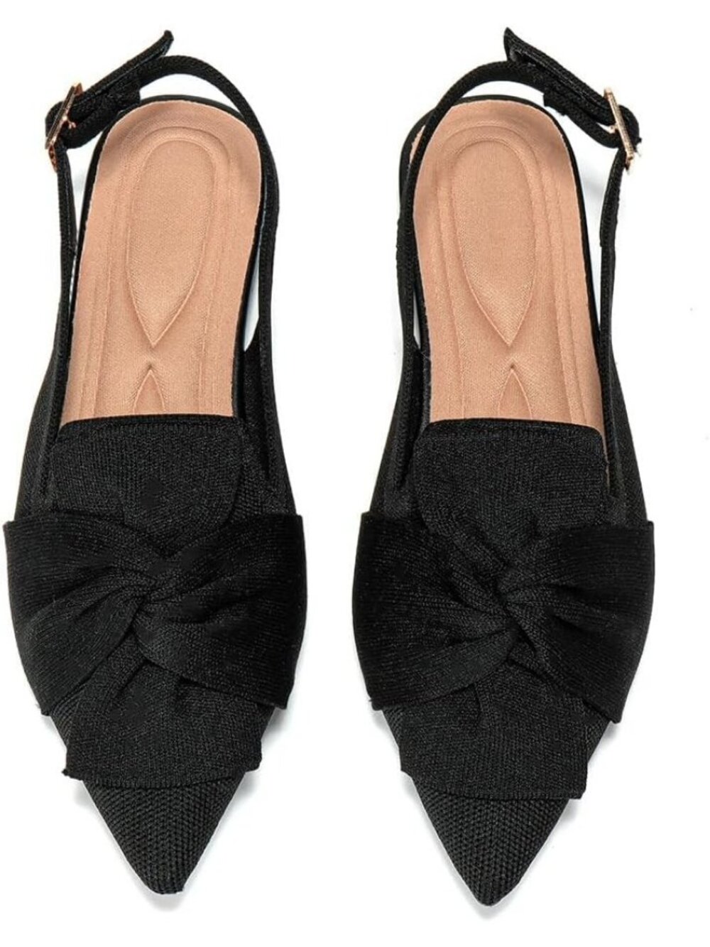 Women's Black Knit Pointed Toe Slingback Flats Bow Ankle Strap Comfortable Shoes